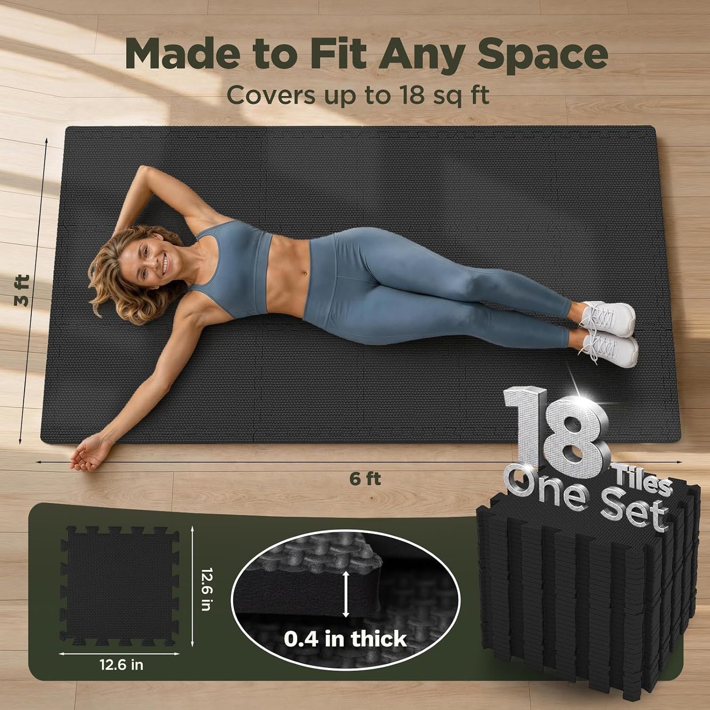 18 PCS Gym Floor Mat, EVA Foam Puzzle Gym Mat, High-Density Interlocking Foam Floor Tiles for Home Gym, Play Workout Garage Kitchen Flooring 12.6"x12.6"x0.4"