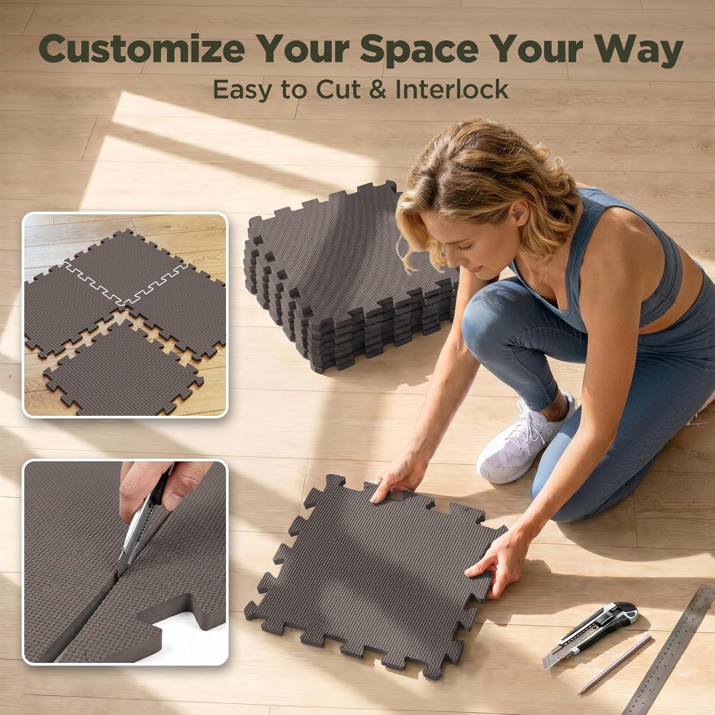 18 PCS Gym Floor Mat, EVA Foam Puzzle Gym Mat, High-Density Interlocking Foam Floor Tiles for Home Gym, Play Workout Garage Kitchen Flooring 12.6"x12.6"x0.4"