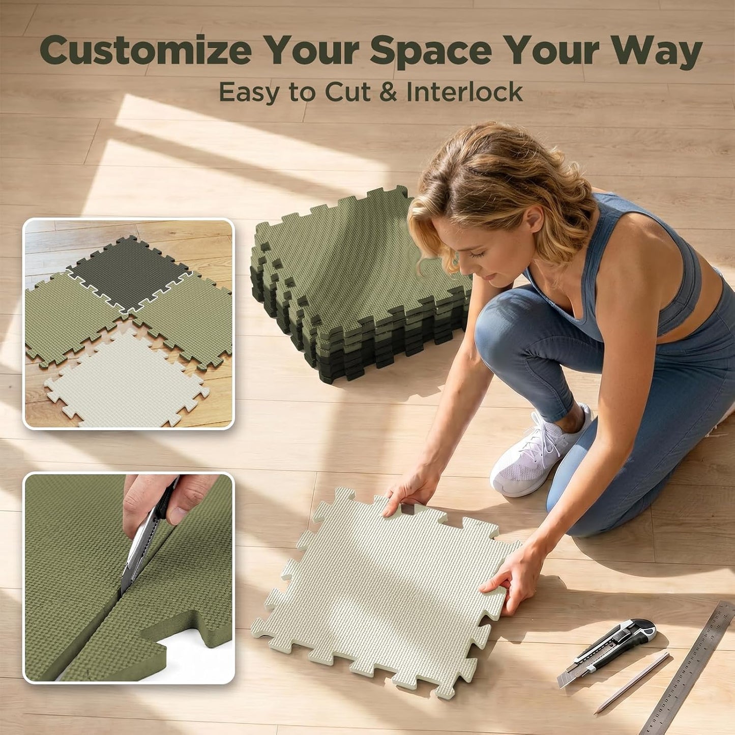 18 PCS Gym Floor Mat, EVA Foam Puzzle Gym Mat, High-Density Interlocking Foam Floor Tiles for Home Gym, Play Workout Garage Kitchen Flooring 12.6"x12.6"x0.4"