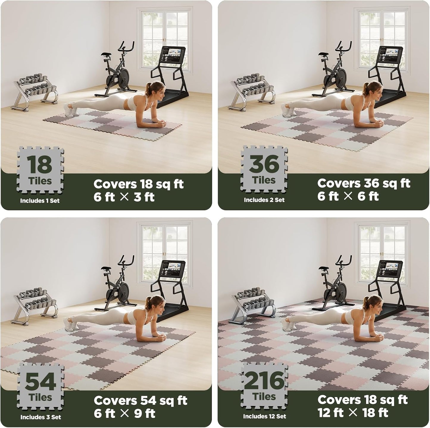 18 PCS Gym Floor Mat, EVA Foam Puzzle Gym Mat, High-Density Interlocking Foam Floor Tiles for Home Gym, Play Workout Garage Kitchen Flooring 12.6"x12.6"x0.4"