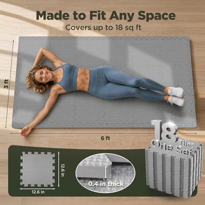 18 PCS Gym Floor Mat, EVA Foam Puzzle Gym Mat, High-Density Interlocking Foam Floor Tiles for Home Gym, Play Workout Garage Kitchen Flooring 12.6"x12.6"x0.4"