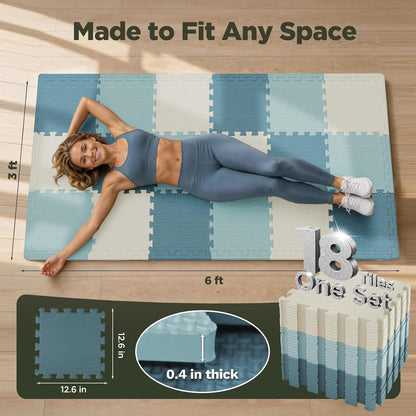 18 PCS Gym Floor Mat, EVA Foam Puzzle Gym Mat, High-Density Interlocking Foam Floor Tiles for Home Gym, Play Workout Garage Kitchen Flooring 12.6"x12.6"x0.4"