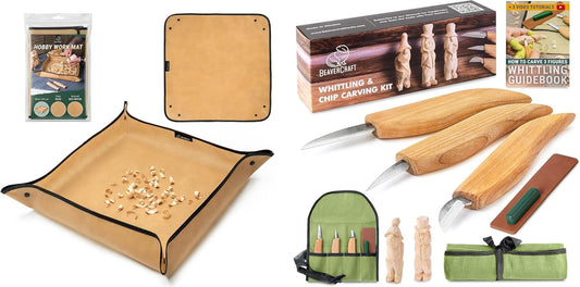 Wood Carving Knife Kit S15 Whittling Kit for Beginners, Kids - Wood Carving Tools Set with Leather Strop, Wood Carving Mess Mat for Easy Cleanup – Portable Woodworking Hobby Work Mat MS