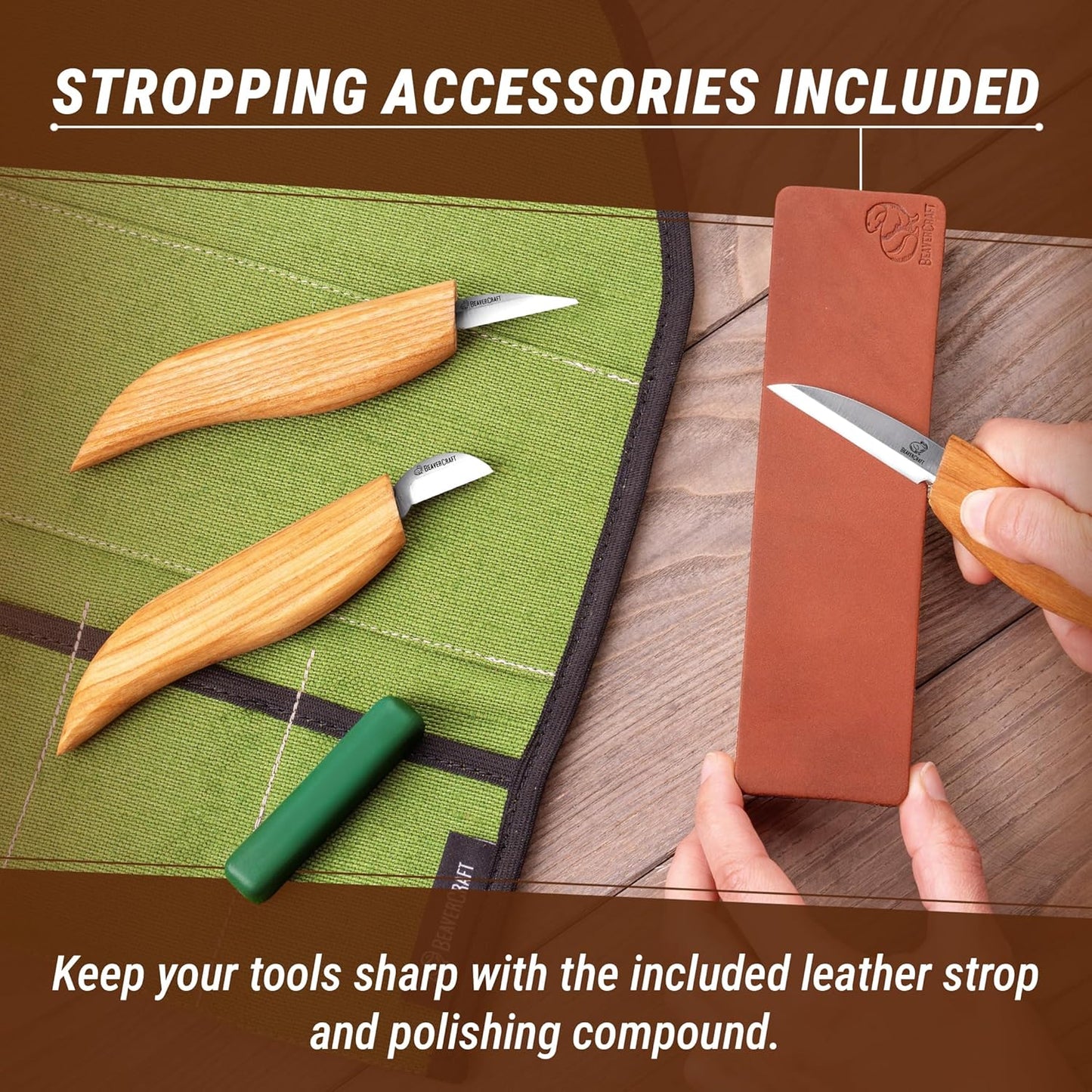 Wood Carving Knife Kit S15 Whittling Kit for Beginners, Kids - Wood Carving Tools Set with Leather Strop, Wood Carving Mess Mat for Easy Cleanup – Portable Woodworking Hobby Work Mat MS