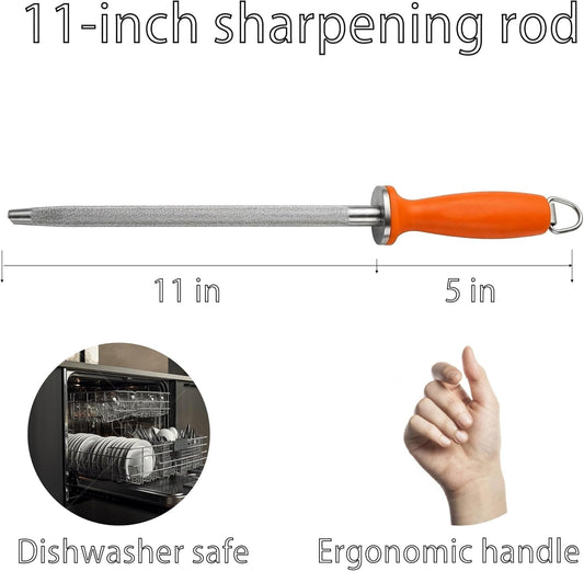 Knife Sharpener Rod 11 Inch,High-Carbon honing rod | Sharpen the Knife Quickly, Professional Honing Rod for Knife Sharpening with Hanging Hook, Orange