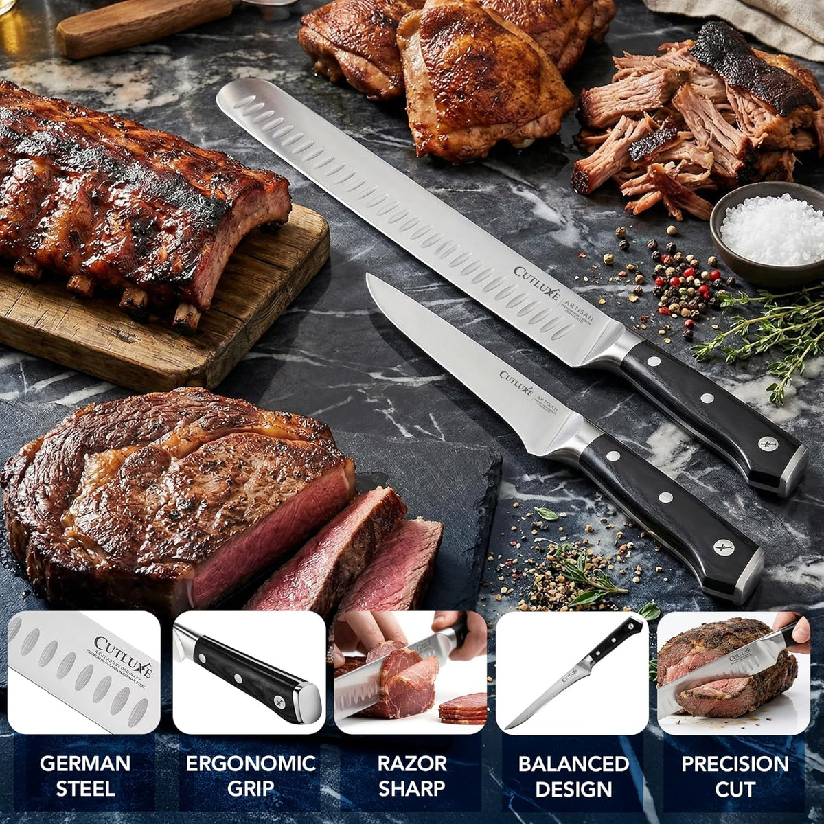 Carving Knife Set, Brisket Slicing & Boning Knife for Meat & BBQ | Razor Sharp German Steel, Full Tang Ergonomic Handle – Grilling Gift for Men, Artisan Series