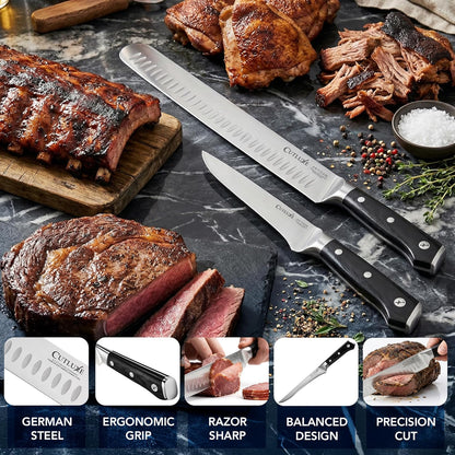 Carving Knife Set, Brisket Slicing & Boning Knife for Meat & BBQ | Razor Sharp German Steel, Full Tang Ergonomic Handle – Grilling Gift for Men, Artisan Series