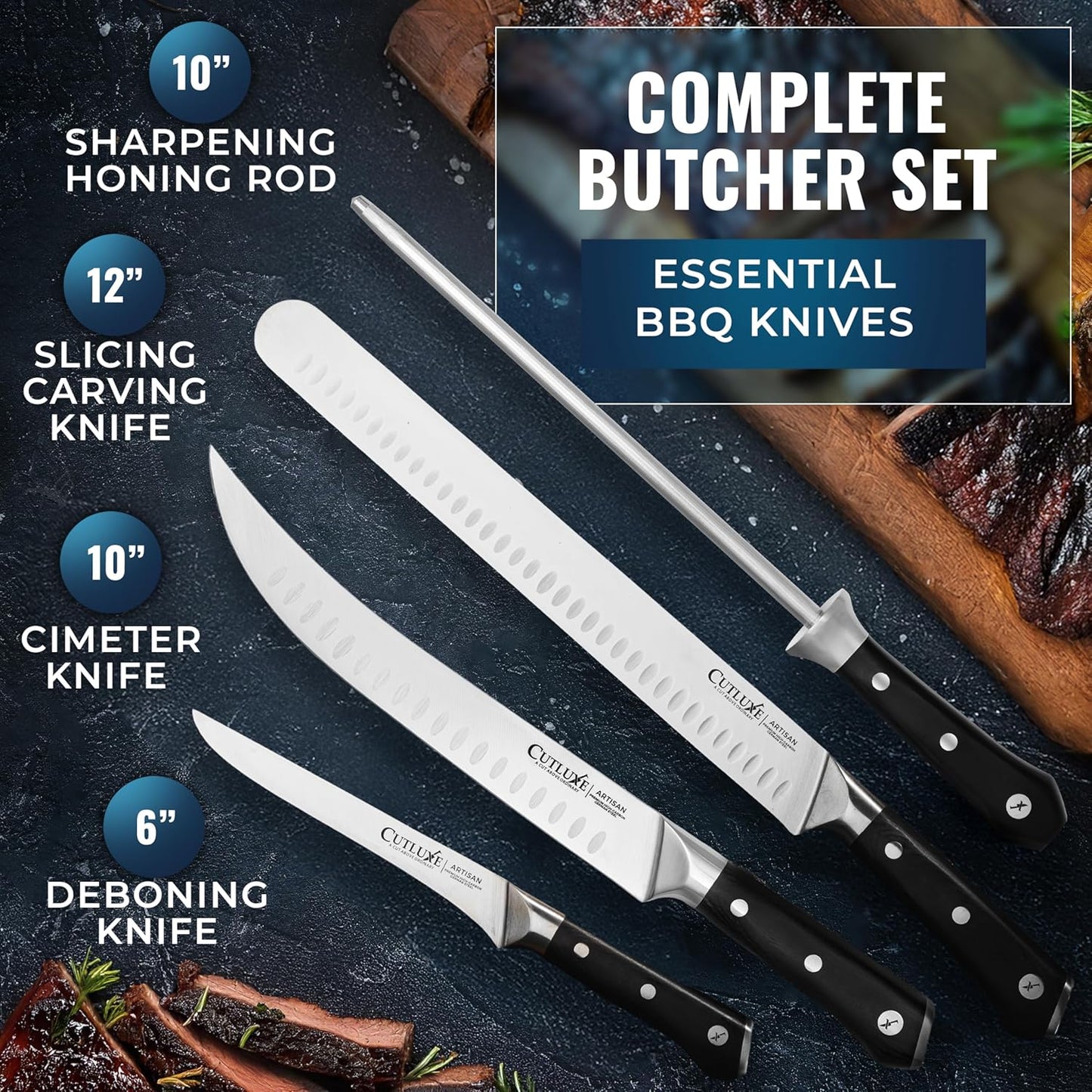Carving Knife Set, Brisket Slicing & Boning Knife for Meat & BBQ | Razor Sharp German Steel, Full Tang Ergonomic Handle – Grilling Gift for Men, Artisan Series