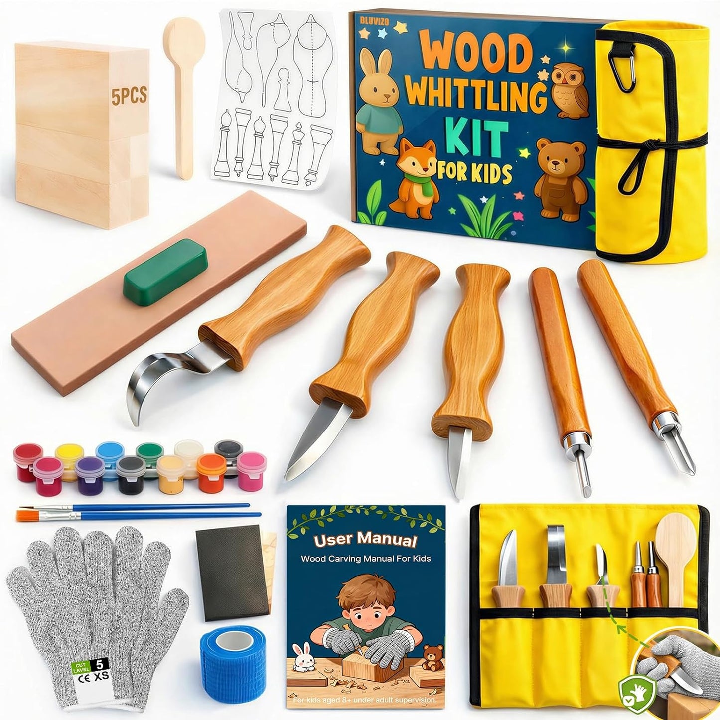 Wood Carving Whittling Kit for Kids: Round-Tip Knife Set with Storage Bag | Supervised Starter Tool Projects, Cut-Resistant Gloves & Tape, Sanding and Painting Extras, Gift-Ready Bundle