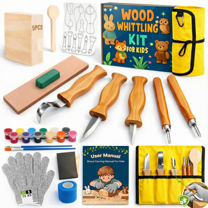 Wood Carving Whittling Kit for Kids: Round-Tip Knife Set with Storage Bag | Supervised Starter Tool Projects, Cut-Resistant Gloves & Tape, Sanding and Painting Extras, Gift-Ready Bundle