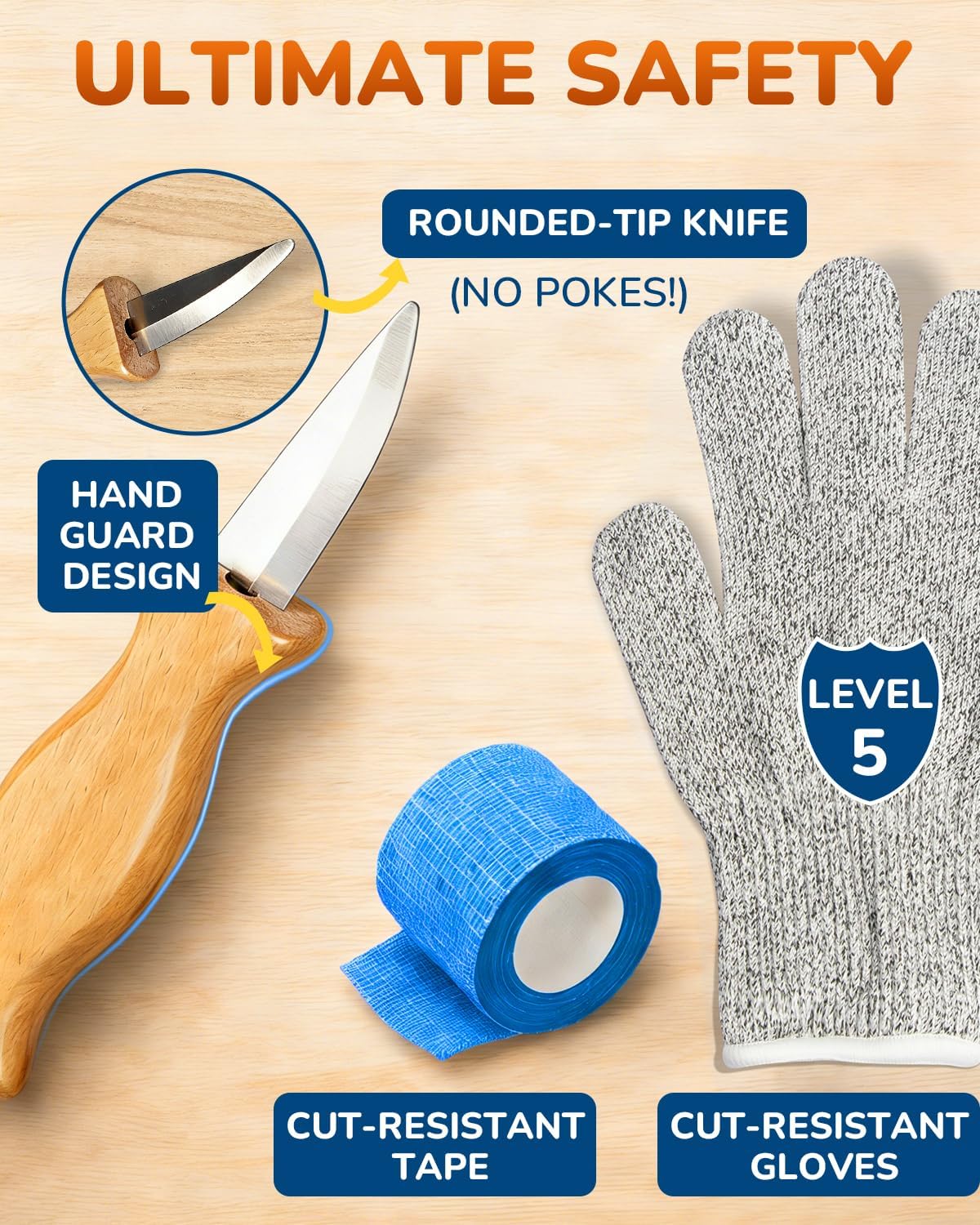 Wood Carving Whittling Kit for Kids: Round-Tip Knife Set with Storage Bag | Supervised Starter Tool Projects, Cut-Resistant Gloves & Tape, Sanding and Painting Extras, Gift-Ready Bundle