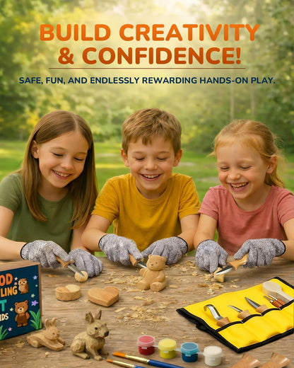 Wood Carving Whittling Kit for Kids: Round-Tip Knife Set with Storage Bag | Supervised Starter Tool Projects, Cut-Resistant Gloves & Tape, Sanding and Painting Extras, Gift-Ready Bundle