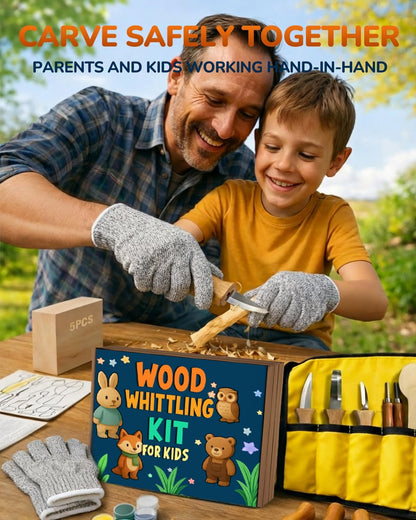 Wood Carving Whittling Kit for Kids: Round-Tip Knife Set with Storage Bag | Supervised Starter Tool Projects, Cut-Resistant Gloves & Tape, Sanding and Painting Extras, Gift-Ready Bundle