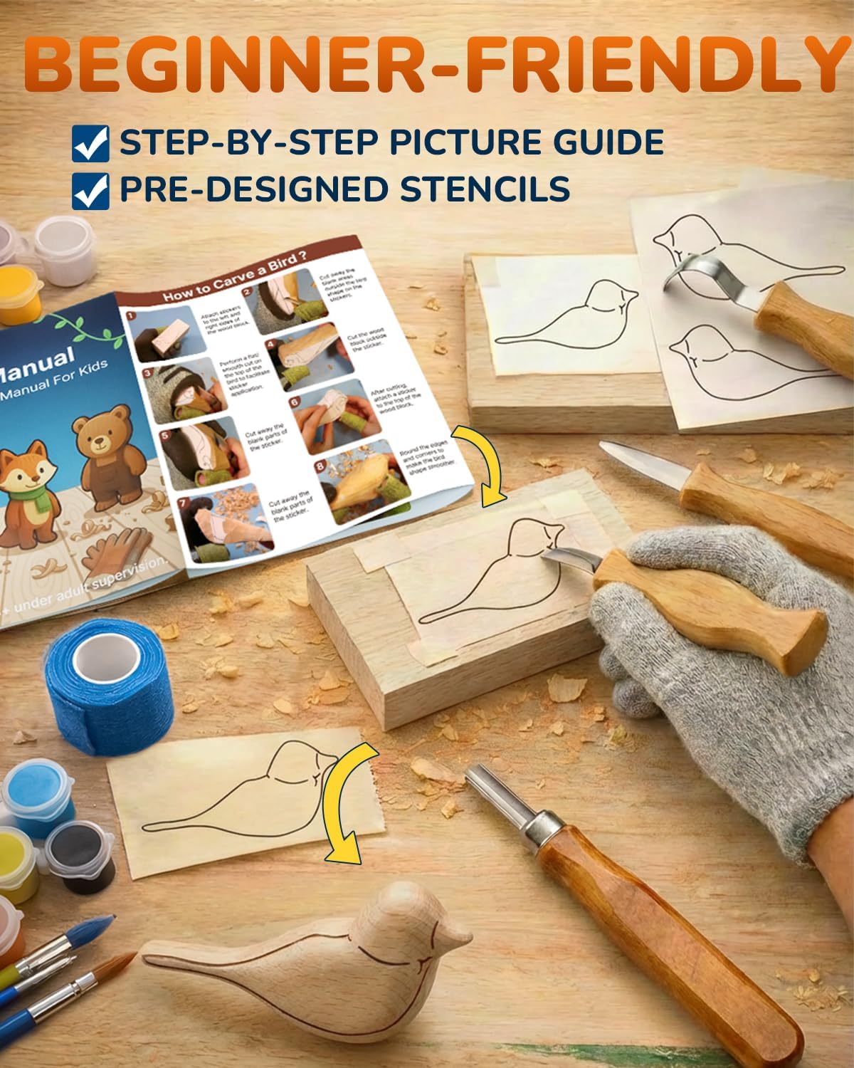 Wood Carving Whittling Kit for Kids: Round-Tip Knife Set with Storage Bag | Supervised Starter Tool Projects, Cut-Resistant Gloves & Tape, Sanding and Painting Extras, Gift-Ready Bundle
