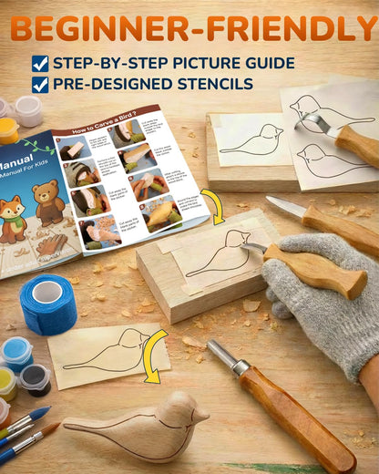 Wood Carving Whittling Kit for Kids: Round-Tip Knife Set with Storage Bag | Supervised Starter Tool Projects, Cut-Resistant Gloves & Tape, Sanding and Painting Extras, Gift-Ready Bundle