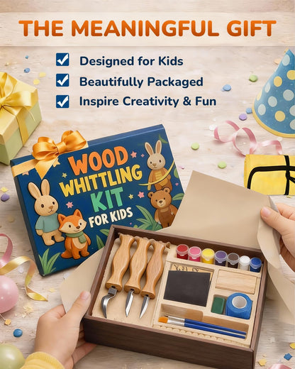 Wood Carving Whittling Kit for Kids: Round-Tip Knife Set with Storage Bag | Supervised Starter Tool Projects, Cut-Resistant Gloves & Tape, Sanding and Painting Extras, Gift-Ready Bundle