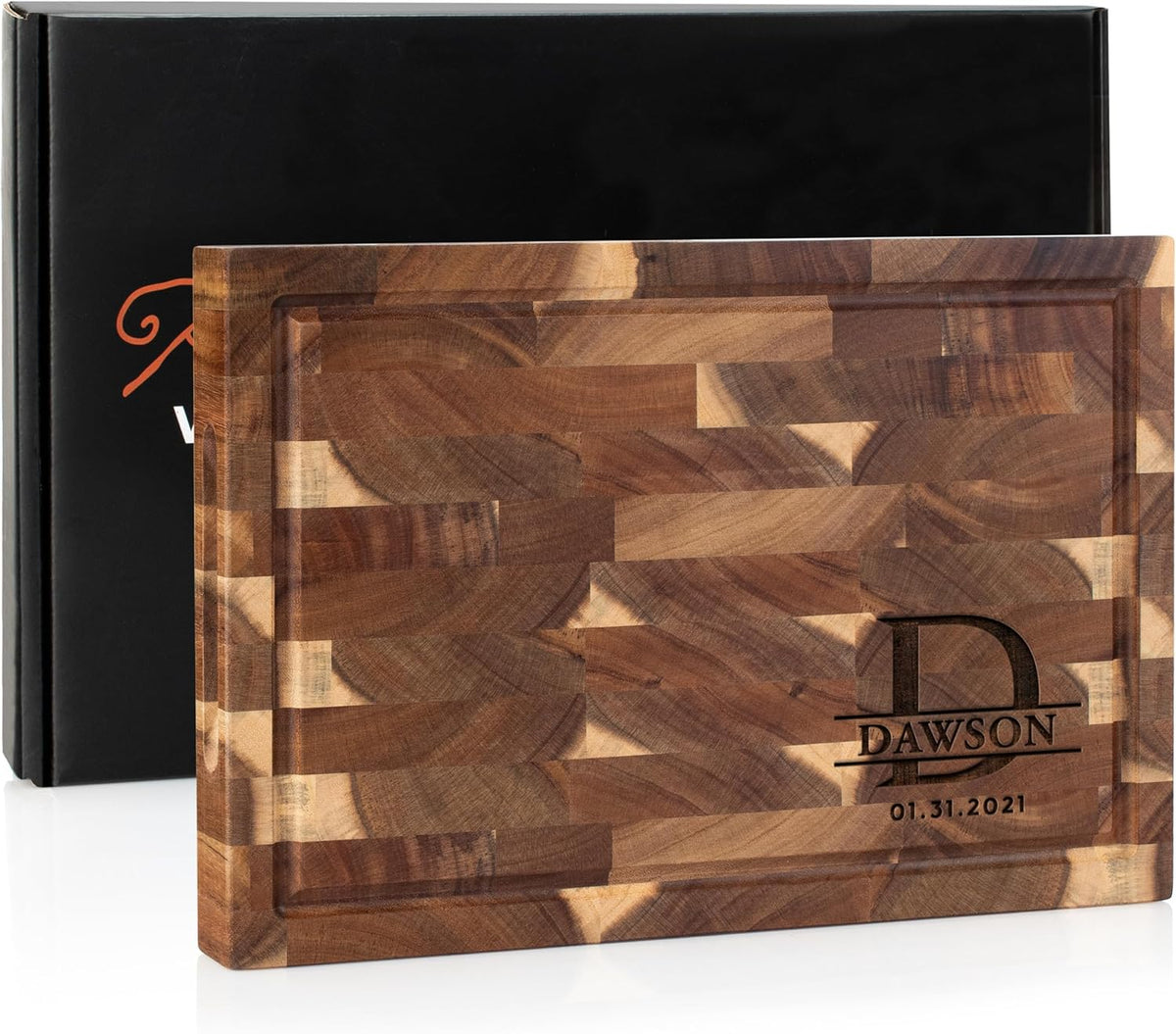 Custom Engraved Acacia Wood Cutting Board - Personalized End Grain Butcher Block with Name & Date - Corner Design with Juice Groove - Housewarming Cutting Board, Chef Gift or Wedding Keepsake, 2 Sizes