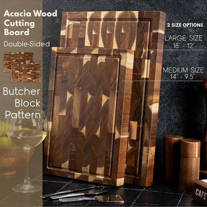 Custom Engraved Acacia Wood Cutting Board - Personalized End Grain Butcher Block with Name & Date - Corner Design with Juice Groove - Housewarming Cutting Board, Chef Gift or Wedding Keepsake, 2 Sizes
