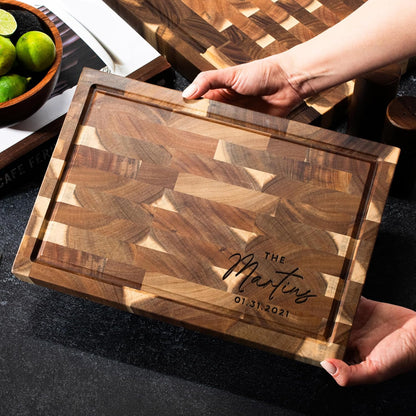 Custom Engraved Acacia Wood Cutting Board - Personalized End Grain Butcher Block with Name & Date - Corner Design with Juice Groove - Housewarming Cutting Board, Chef Gift or Wedding Keepsake, 2 Sizes