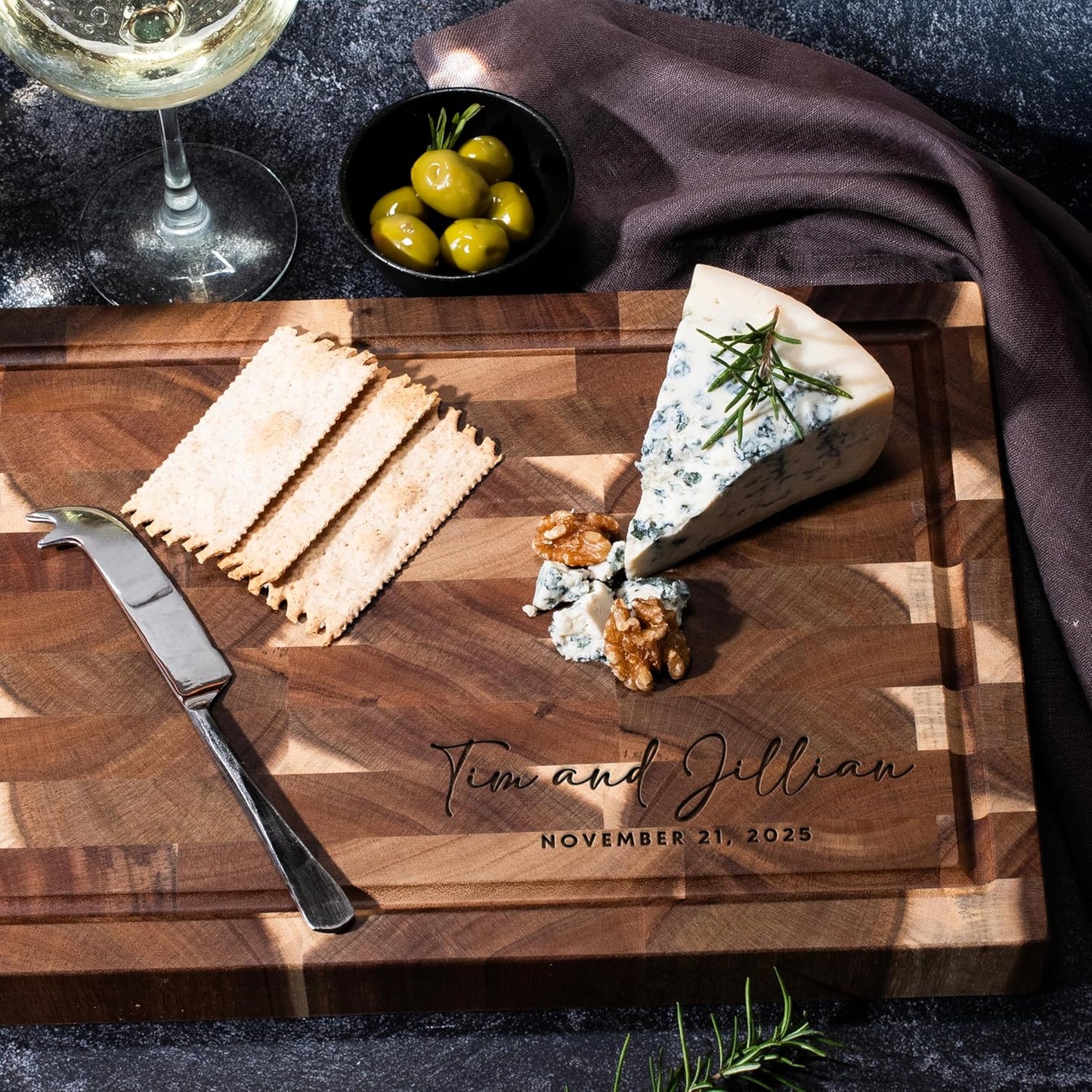 Custom Engraved Acacia Wood Cutting Board - Personalized End Grain Butcher Block with Name & Date - Corner Design with Juice Groove - Housewarming Cutting Board, Chef Gift or Wedding Keepsake, 2 Sizes