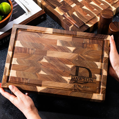 Custom Engraved Acacia Wood Cutting Board - Personalized End Grain Butcher Block with Name & Date - Corner Design with Juice Groove - Housewarming Cutting Board, Chef Gift or Wedding Keepsake, 2 Sizes