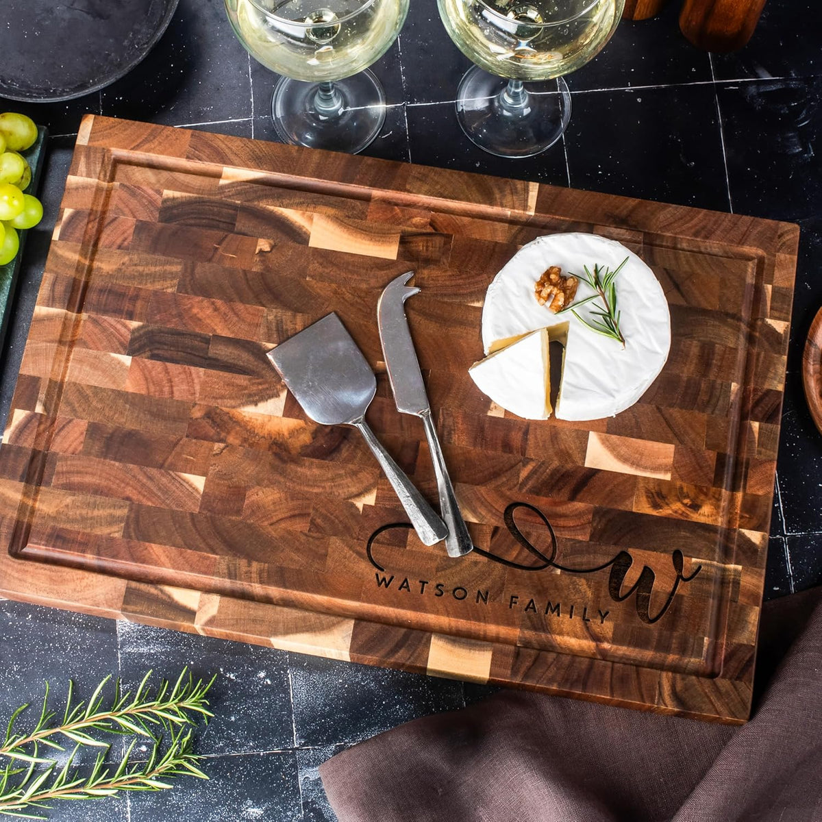Custom Engraved Acacia Wood Cutting Board - Personalized End Grain Butcher Block with Name & Date - Corner Design with Juice Groove - Housewarming Cutting Board, Chef Gift or Wedding Keepsake, 2 Sizes