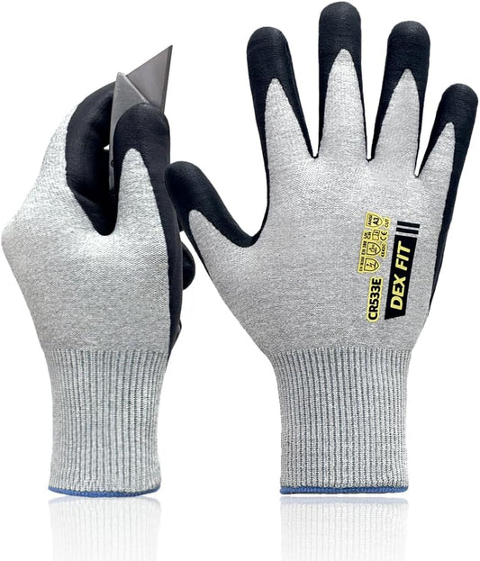Cut Resistant Work Gloves Fiberglass-Free No Itch Safety Gloves for Men Women, Anti-Static ESD Safe, Touchscreen, Thin Foam Nitrile Grip; CR533E A3 Gray, L (9), 1 Pair