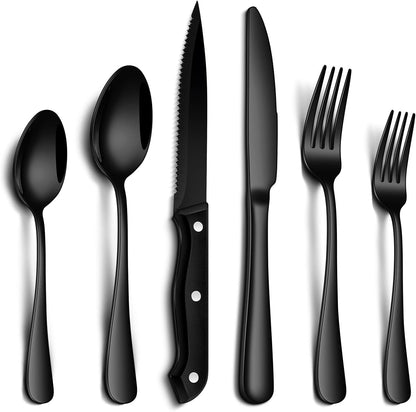24 Pcs Silverware Set with Steak Knives Food-Grade Stainless Steel Flatware Set for 4 Mirror Cutlery Include Forks Spoons and Knives Set Dishwasher Safe Utensil Sets for Home Restaurant