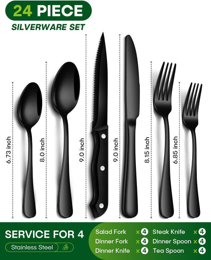 24 Pcs Silverware Set with Steak Knives Food-Grade Stainless Steel Flatware Set for 4 Mirror Cutlery Include Forks Spoons and Knives Set Dishwasher Safe Utensil Sets for Home Restaurant