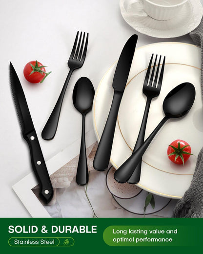 24 Pcs Silverware Set with Steak Knives Food-Grade Stainless Steel Flatware Set for 4 Mirror Cutlery Include Forks Spoons and Knives Set Dishwasher Safe Utensil Sets for Home Restaurant