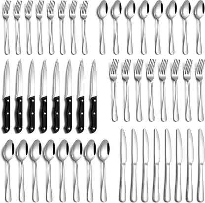 24 Pcs Silverware Set with Steak Knives Food-Grade Stainless Steel Flatware Set for 4 Mirror Cutlery Include Forks Spoons and Knives Set Dishwasher Safe Utensil Sets for Home Restaurant