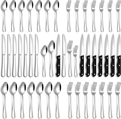 24 Pcs Silverware Set with Steak Knives Food-Grade Stainless Steel Flatware Set for 4 Mirror Cutlery Include Forks Spoons and Knives Set Dishwasher Safe Utensil Sets for Home Restaurant