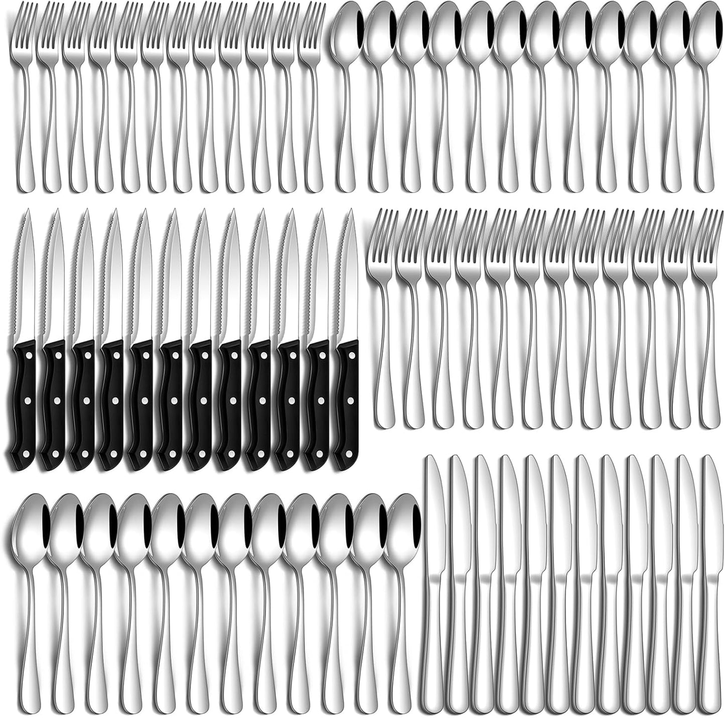 24 Pcs Silverware Set with Steak Knives Food-Grade Stainless Steel Flatware Set for 4 Mirror Cutlery Include Forks Spoons and Knives Set Dishwasher Safe Utensil Sets for Home Restaurant