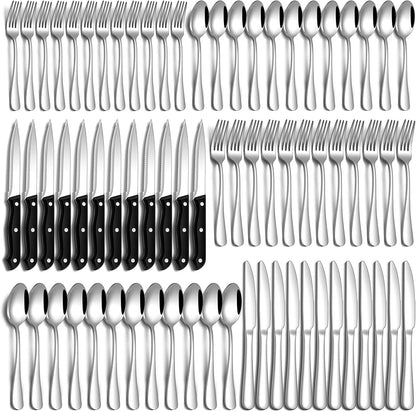 24 Pcs Silverware Set with Steak Knives Food-Grade Stainless Steel Flatware Set for 4 Mirror Cutlery Include Forks Spoons and Knives Set Dishwasher Safe Utensil Sets for Home Restaurant
