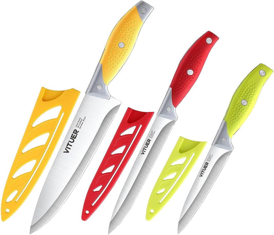Chef Knife, 3PCS Kitchen Knife, Multicolor Stainless Steel Sharp Chef Knife Set (3Pack, Yellow, Red, Green)
