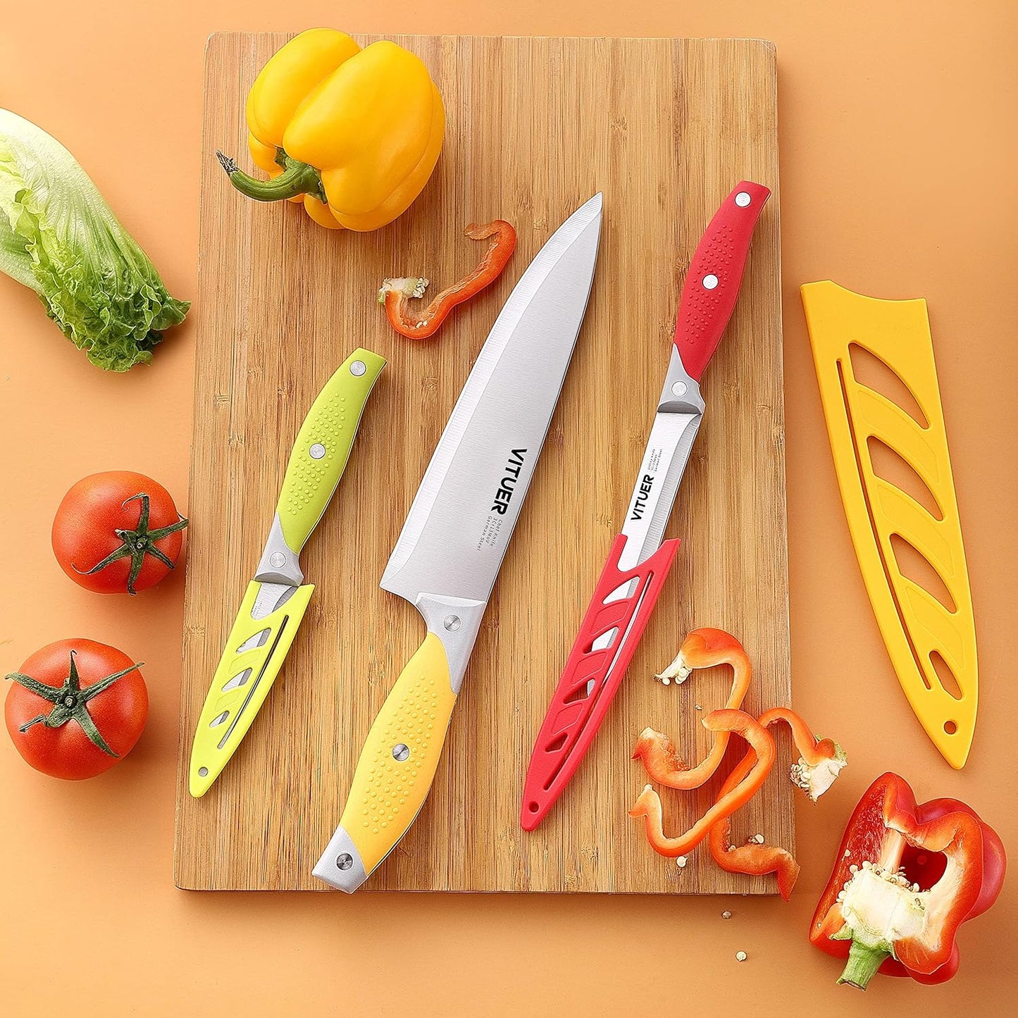 Chef Knife, 3PCS Kitchen Knife, Multicolor Stainless Steel Sharp Chef Knife Set (3Pack, Yellow, Red, Green)