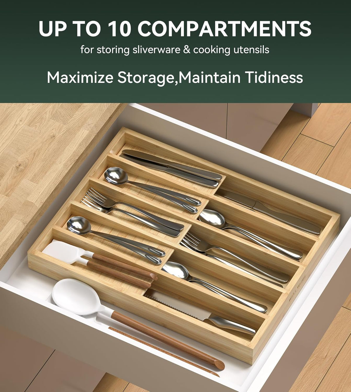 Silverware Drawer Organizer for Kitchen Utensil,Bamboo 10 Slot | 16”Dx12.3”Wx1.7”H, Vertical Storage, Cutlery Tray Dividers for Spoons Forks Knives