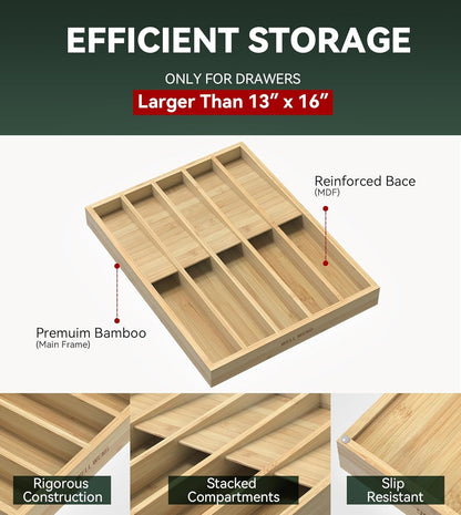 Silverware Drawer Organizer for Kitchen Utensil,Bamboo 10 Slot | 16”Dx12.3”Wx1.7”H, Vertical Storage, Cutlery Tray Dividers for Spoons Forks Knives