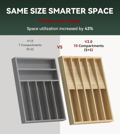 Silverware Drawer Organizer for Kitchen Utensil,Bamboo 10 Slot | 16”Dx12.3”Wx1.7”H, Vertical Storage, Cutlery Tray Dividers for Spoons Forks Knives
