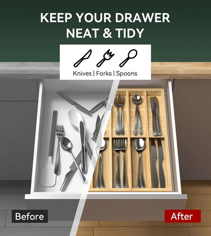 Silverware Drawer Organizer for Kitchen Utensil,Bamboo 10 Slot | 16”Dx12.3”Wx1.7”H, Vertical Storage, Cutlery Tray Dividers for Spoons Forks Knives