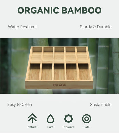 Silverware Drawer Organizer for Kitchen Utensil,Bamboo 10 Slot | 16”Dx12.3”Wx1.7”H, Vertical Storage, Cutlery Tray Dividers for Spoons Forks Knives