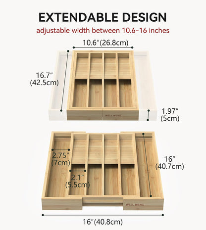 Silverware Drawer Organizer for Kitchen Utensil,Bamboo 10 Slot | 16”Dx12.3”Wx1.7”H, Vertical Storage, Cutlery Tray Dividers for Spoons Forks Knives