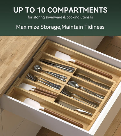 Silverware Drawer Organizer for Kitchen Utensil,Bamboo 10 Slot | 16”Dx12.3”Wx1.7”H, Vertical Storage, Cutlery Tray Dividers for Spoons Forks Knives