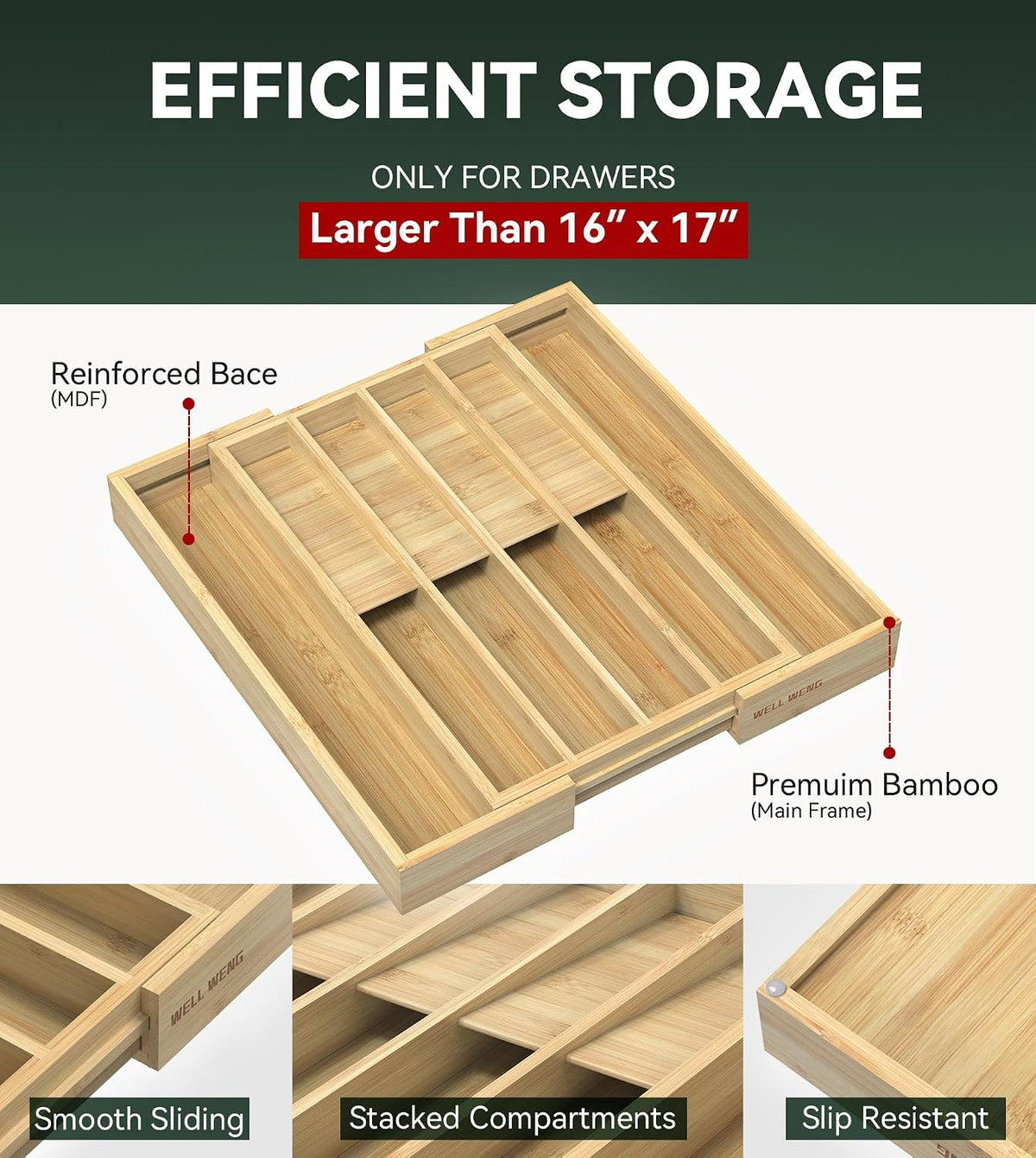 Silverware Drawer Organizer for Kitchen Utensil,Bamboo 10 Slot | 16”Dx12.3”Wx1.7”H, Vertical Storage, Cutlery Tray Dividers for Spoons Forks Knives