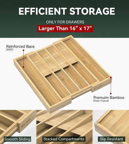Silverware Drawer Organizer for Kitchen Utensil,Bamboo 10 Slot | 16”Dx12.3”Wx1.7”H, Vertical Storage, Cutlery Tray Dividers for Spoons Forks Knives