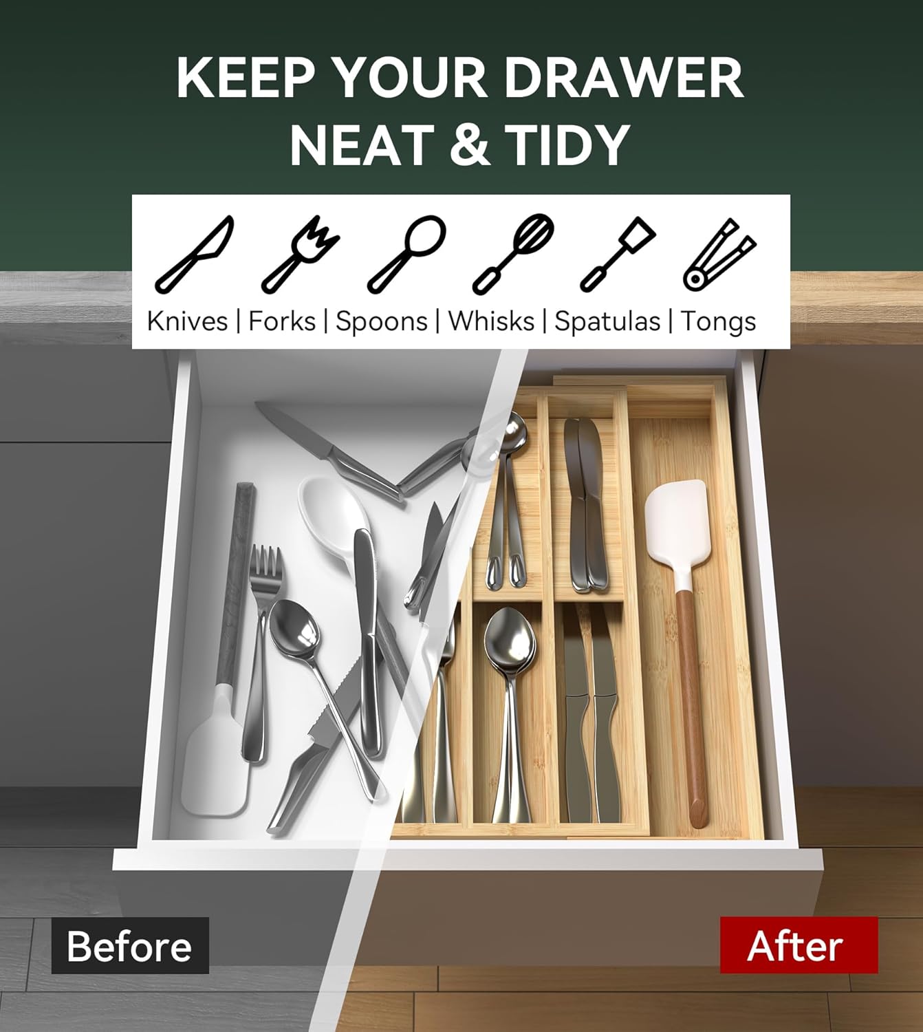 Silverware Drawer Organizer for Kitchen Utensil,Bamboo 10 Slot | 16”Dx12.3”Wx1.7”H, Vertical Storage, Cutlery Tray Dividers for Spoons Forks Knives