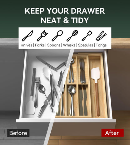 Silverware Drawer Organizer for Kitchen Utensil,Bamboo 10 Slot | 16”Dx12.3”Wx1.7”H, Vertical Storage, Cutlery Tray Dividers for Spoons Forks Knives