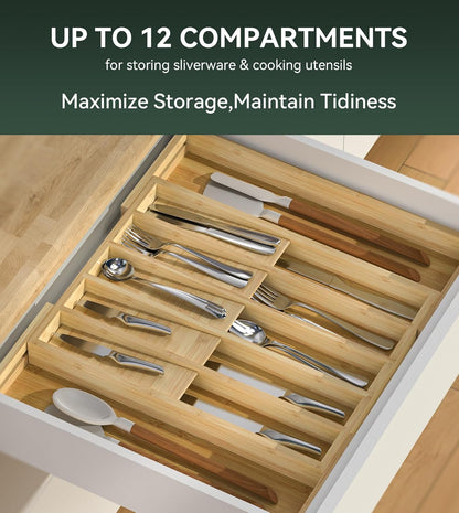 Silverware Drawer Organizer for Kitchen Utensil,Bamboo 10 Slot | 16”Dx12.3”Wx1.7”H, Vertical Storage, Cutlery Tray Dividers for Spoons Forks Knives