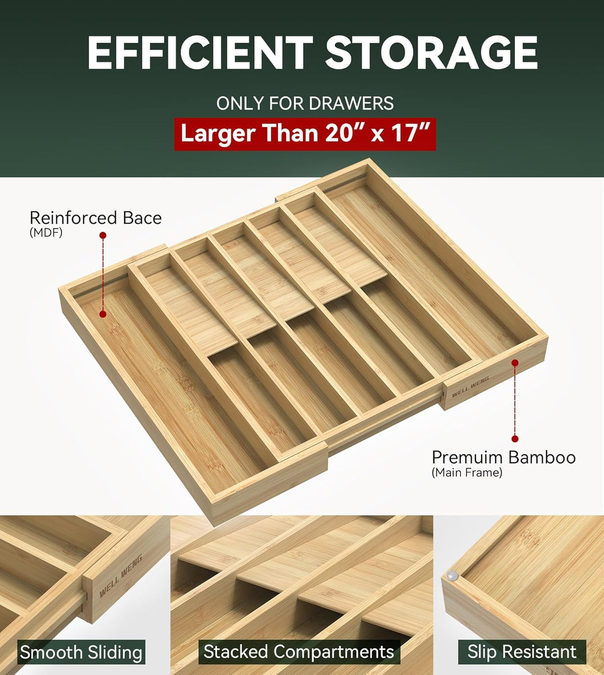 Silverware Drawer Organizer for Kitchen Utensil,Bamboo 10 Slot | 16”Dx12.3”Wx1.7”H, Vertical Storage, Cutlery Tray Dividers for Spoons Forks Knives