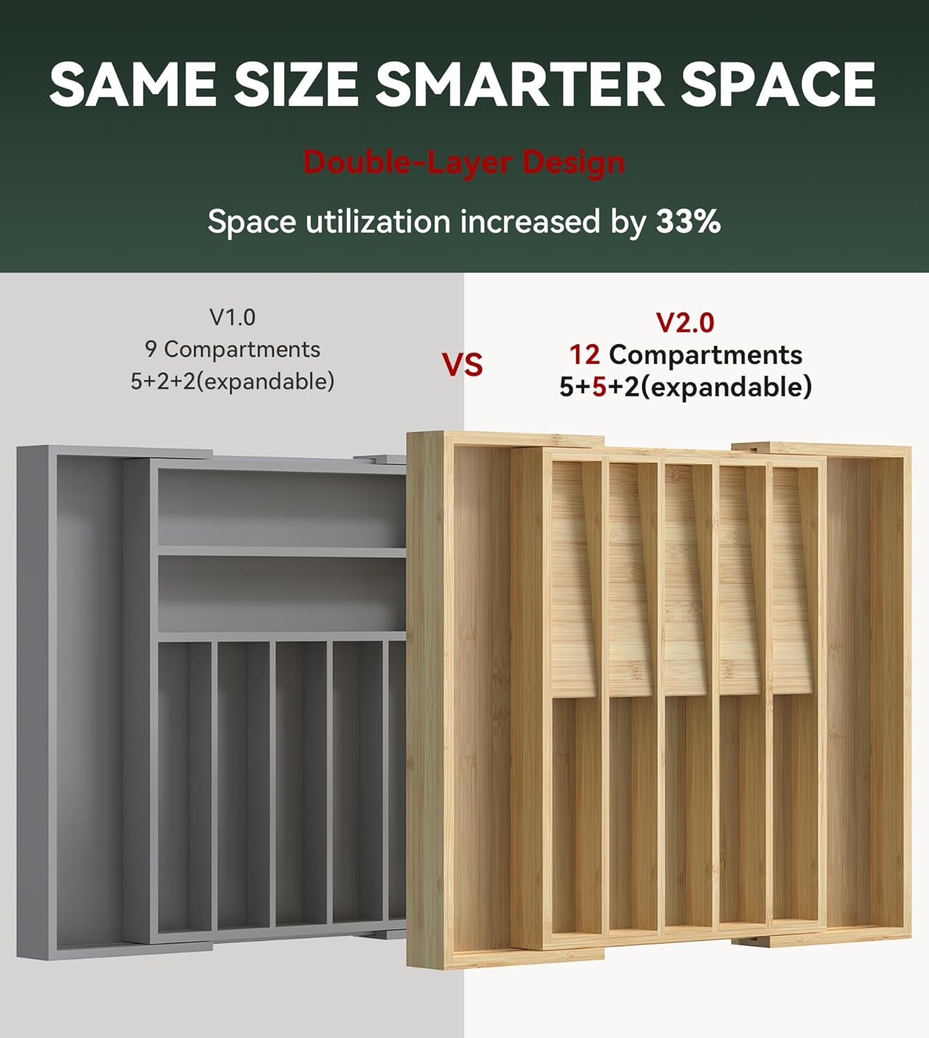 Silverware Drawer Organizer for Kitchen Utensil,Bamboo 10 Slot | 16”Dx12.3”Wx1.7”H, Vertical Storage, Cutlery Tray Dividers for Spoons Forks Knives